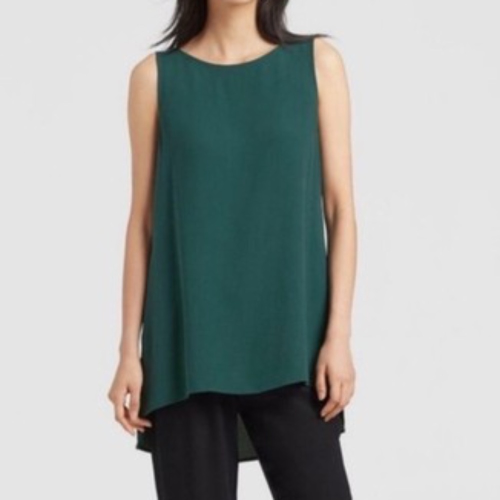 NWT Eileen Fisher 100% Silk Georgette Crepe Boat Long Shell Tunic Top Blouse